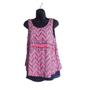 Signature Studio Womens Medium Navy Blue Red Chevron Layered Split Back Tank Top